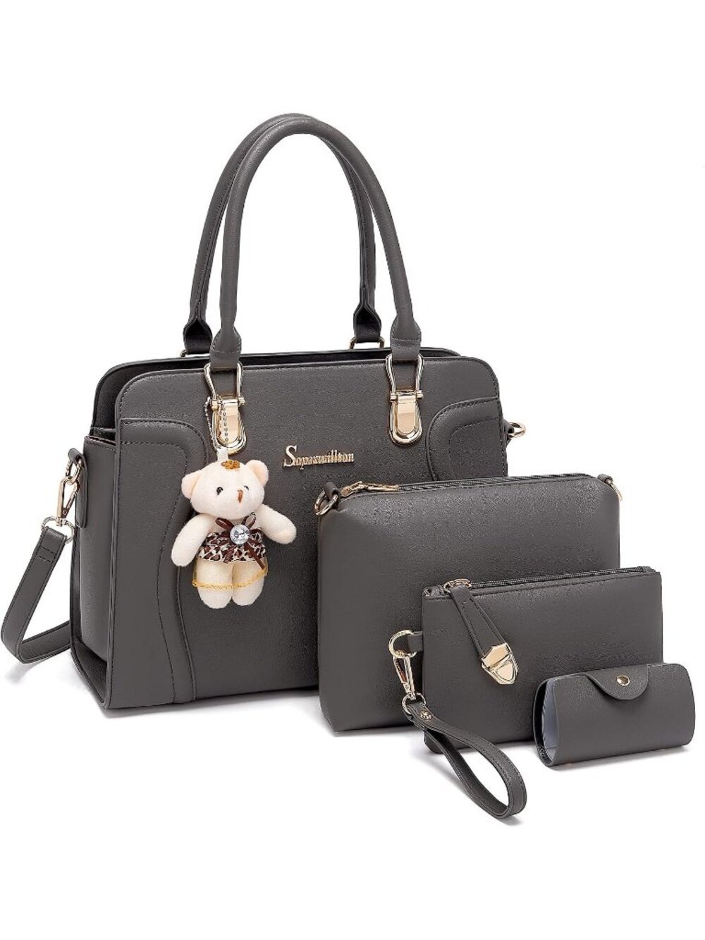 Women's Dark Grey 4Pc Handbag Set Tote Shoulder Satchel Purse with Bear Charm
